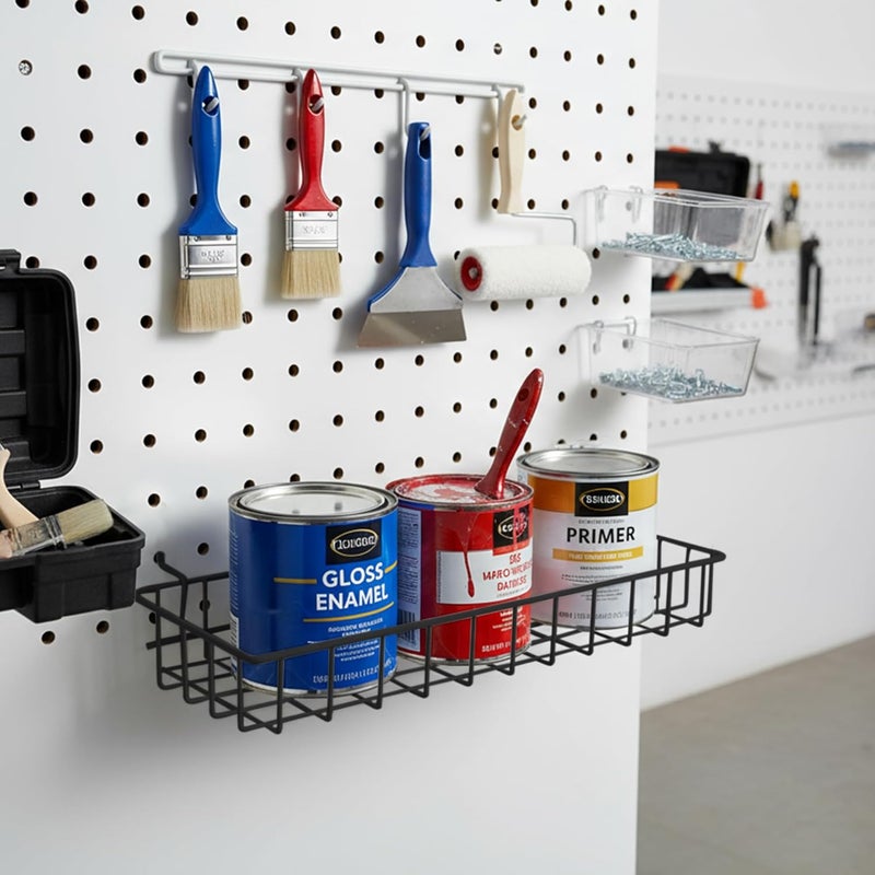 G.CORE Large Peg Board Baskets - 2 Pack Metal Shallow Tray Shelves for 1/4 Pegboards - Spray Bottle Holders Can Organizers for Garage Workbench Shop Hobby Craft Tool Organization (Black) - Image 2